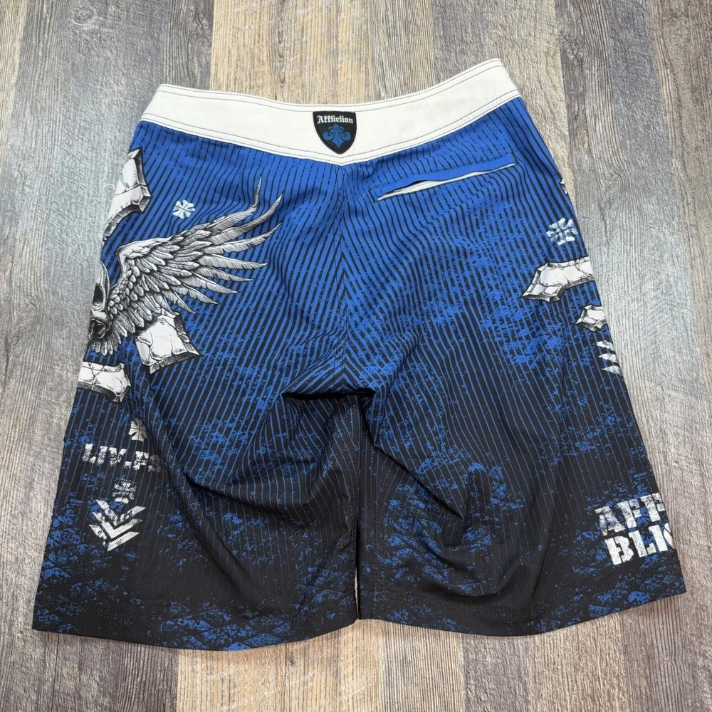 Affliction Board Shorts Men Size 30 Blue Black Skull Cross Winged Graphic MMA